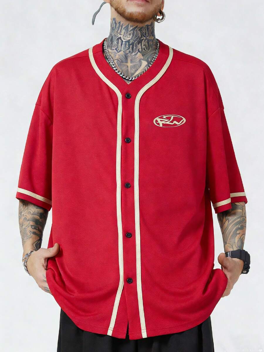 ROMWE MEN Prep Men's Casual Printed Short Sleeve Shirt - Red - View 1