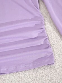 SHEIN Conjunto informal de blusa de manga larga con volantes y estampado de caballero y contraste de color, y pantalones para adolescentes - Morado - Ver 5