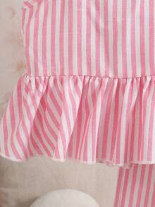 SHEIN 2pcs/Set Young Girl Fashion Cute Pink Striped Collar Ruffle Bow Back Blouse & Loose Woven Wide Leg Pants Set - Pink - View 7