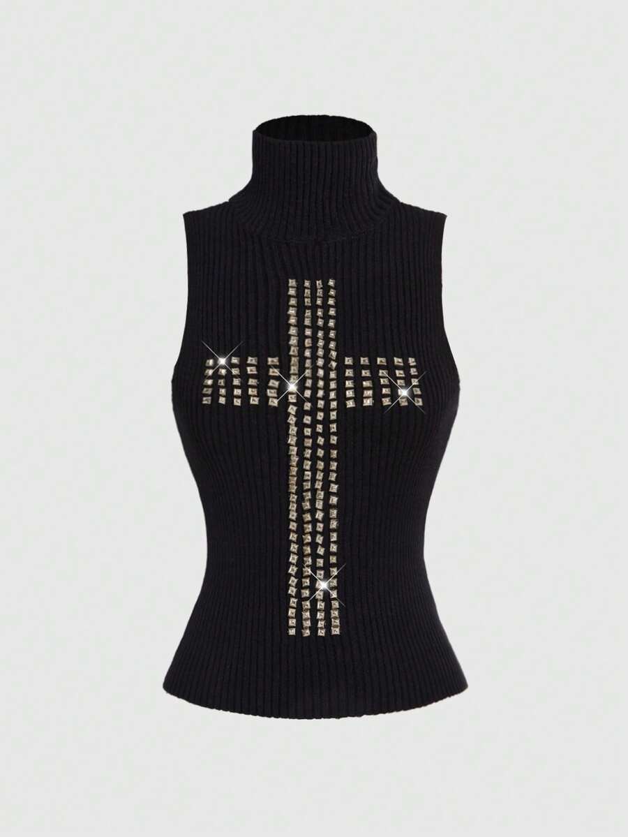 ROMWE J-Fashion Women's Sexy Backless Cross Rhinestone Embellished Turtleneck Knit Top - Black - View 1