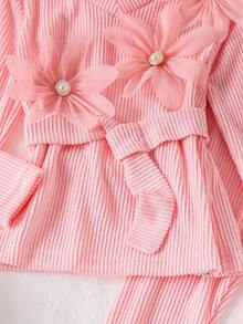 Elladie kids 2 Stück/Set Mädchen (klein) Geripptes Langarm V-Ausschnitt T-Shirt mit 3D Perlenblume & Hose Set, elegante Mode für den frühen Herbst Kinderoutfit - Pink - Übersicht 7