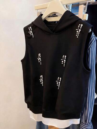 GlowEve 女士无袖休闲卫衣，饰有仿珍珠图案