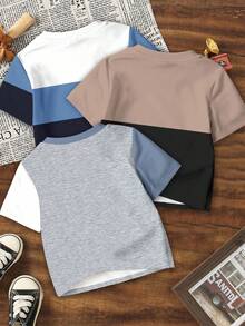 Set de 3 camisetas de manga corta con bloques de color, estampado de logotipo pequeño y diseño clásico y fresco, adecuadas para primavera/verano, para niños pequeños - Multicolor - Ver 2