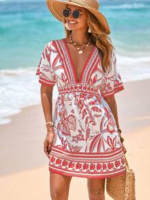 Swim Vcay Damen V-Ausschnitt tailliertes Kurzarm Kleid mit Muster, Strandüberwurf, Frühling/Sommer - Rot - Übersicht 3