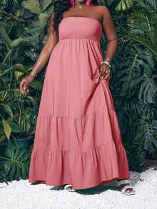 Slaydiva Slayr Vacation Casual Solid Green Woven Tube Top Plus Size Summer Dress For Women Vacation Maxi Dress Long Dress Summer Layered Maxi Dress Pink Dress Plus Size Dress Strapless Dress Women's Dresses - 粉色 - 查看 3