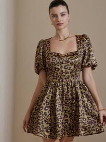 Chiquease Green Base Leopard Print Square Neck Petal Sleeve Peplum Mini Skirt, Sweet & Cute Girly Meets Wild Leopard Print, Suitable For Party & Date, Random Print - Multicolor - View 2