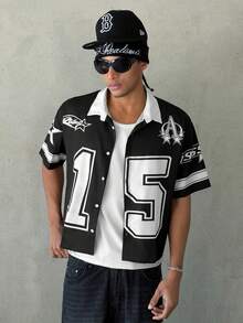 Manfinity ZONE917 男士休闲撞色数码印花衬衫，夏季 - 黑色 - 查看 5