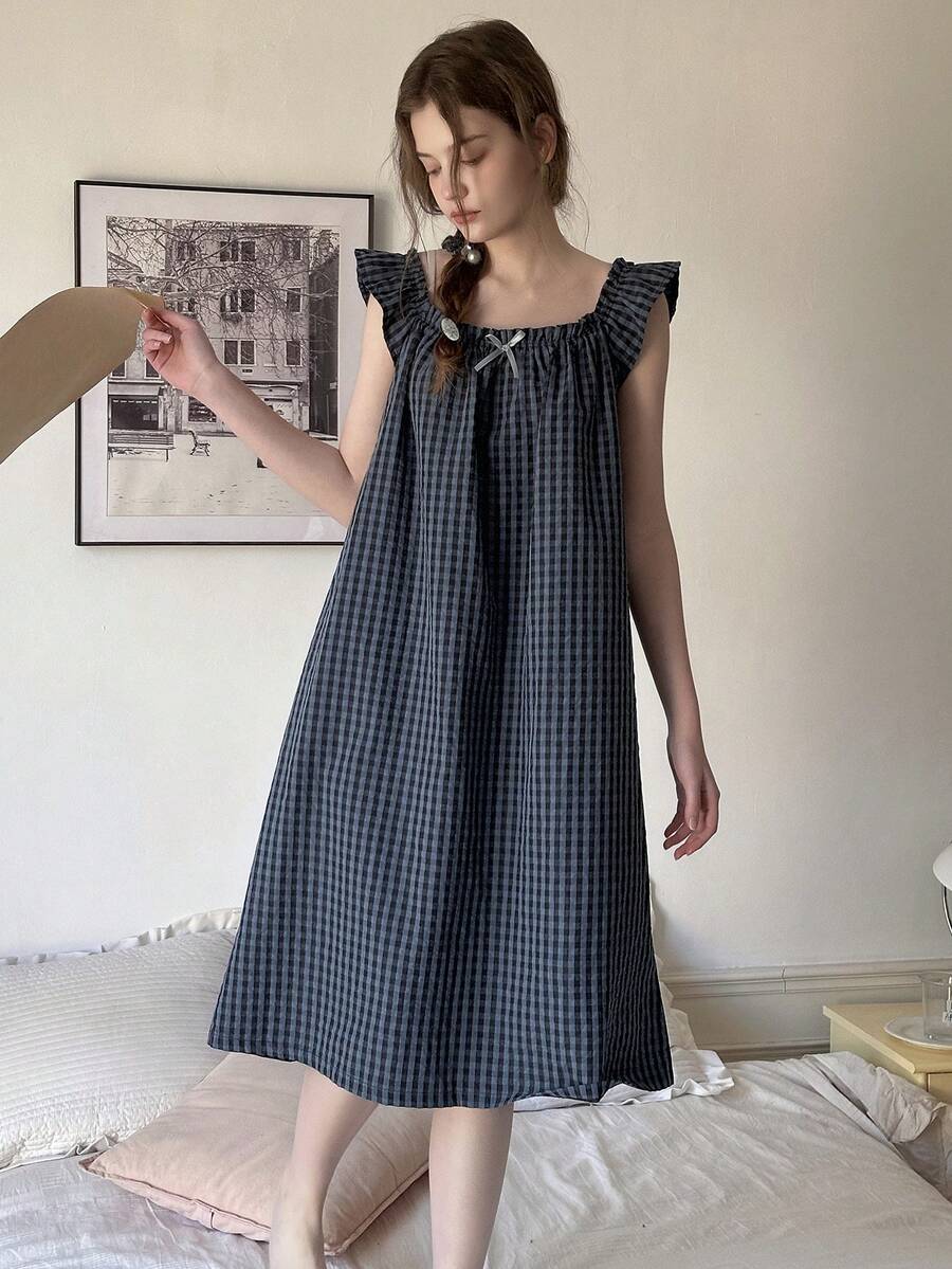 DAZY Teen Girls' Comfortable Plaid Print Bow Decor Nightgown For Everyday Wear Spring - Navy Blue - View 1