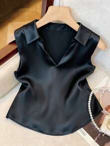 Easura 2026 时尚休闲度假风百搭简约日常加大码纯色飘逸无袖翻领背心女式沙滩装上衣 - 藏蓝色 - 查看 7