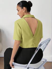 Aveloria Modichic Nueva chaqueta de mujer con diseño de espalda cruzada, cuello de solapa, cintura corta y mangas cortas, de tela texturizada, con estilo minimalista, elegante, sofisticado y vintage, de lujo - Verde - Ver 3