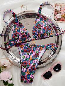 SHEIN Swim Women's Summer New Beach Vacation Casual Sweet Cute Random Ditsy Floral Halter Design Cute Ruffle Sexy Backless Tie Bikini 2-Piece Bikini Set Set - Multicolor - View 4