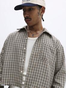 SUMWON Camisa corta de manga larga con botones a cuadros, ligera, con detalles bordados de texto para moda casual de calle en otoño - Multicolor - Ver 5