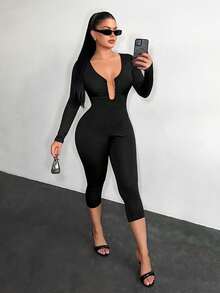 SHEIN SXY Black Sexy Long Sleeve Cropped Leg Jumpsuit, Black Jumpsuit , Sexy Jumpsuit ,Valentine's Day - Black - View 6
