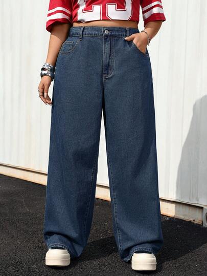 Jeanoix Plus Size Women Y2K Straight Pocket Casual Versatile Jeans