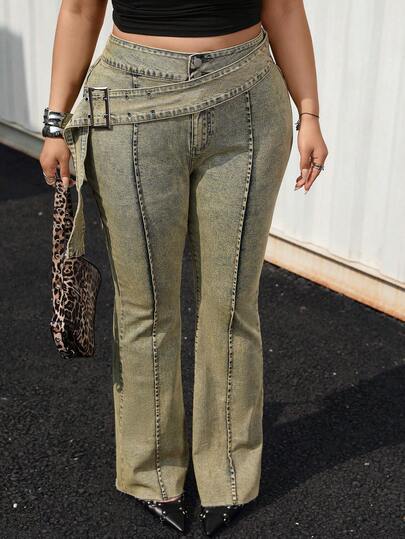 Jeanoix Plus Size Retro Vintage Y2K Flare Waist Jeans