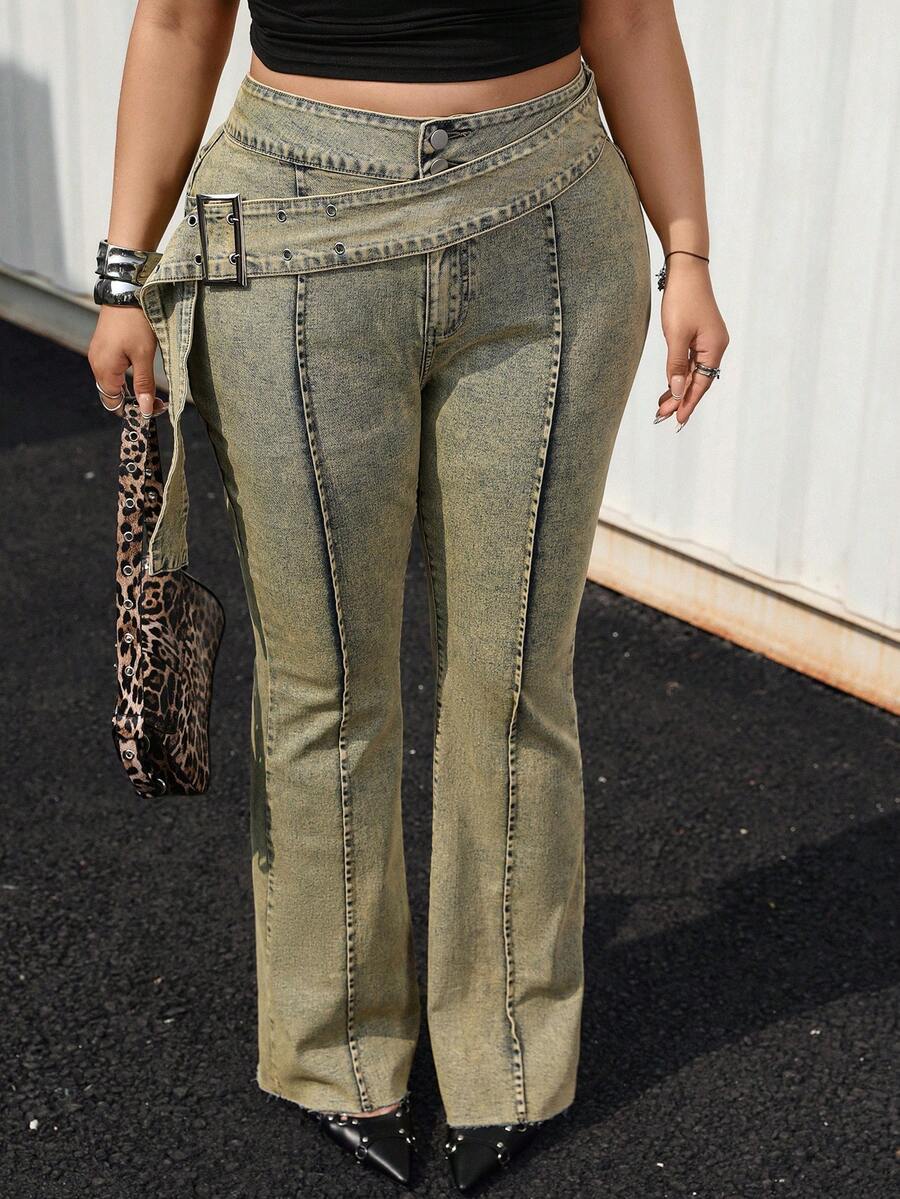 SHEIN EZwear Quần jeans ống loe dáng retro vintage Y2K cỡ lớn dành cho người có thân hình đầy đặn. - Rửa trung bình - Xem 1
