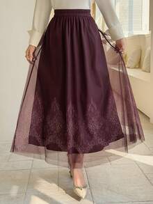 Dazy-Less 宽松休闲网纱半身裙，适合春夏、情人节、办公室商务休闲场合穿着，女士 - 酒紅色 - 查看 3