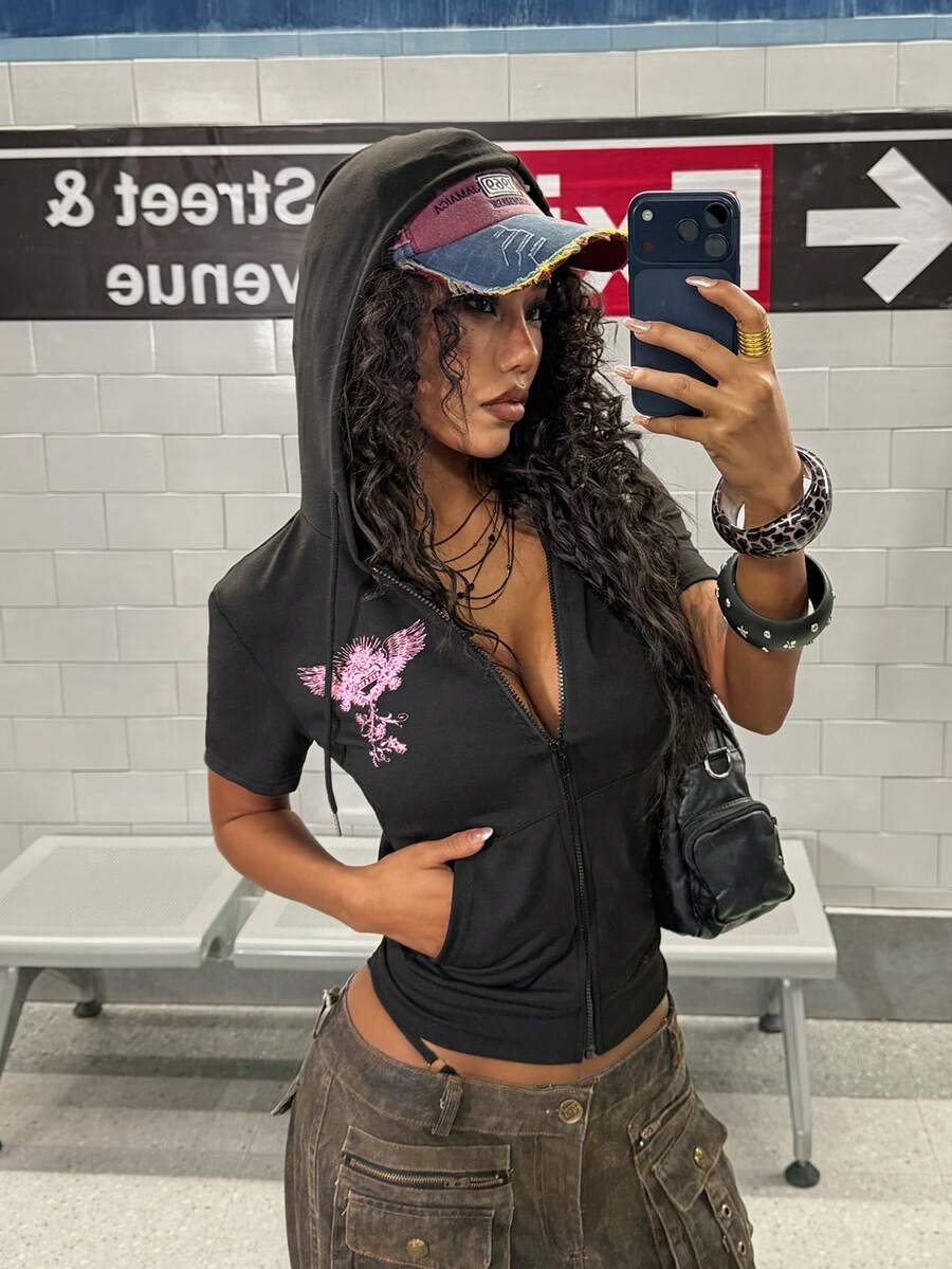 StreetHx Petite Women's Fashionable Pink Printed Hooded Short Sleeve Sweatshirt - Black - View 1