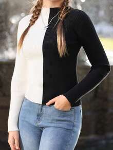 SHEIN Áo len nữ Khối Màu Giải trí - Đen và trắng - Xem 3