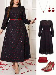 Gownix Plus Size Women's Valentine's Day Heart Print Lantern Sleeve Waist Cinched Dress,Black And Red Autumn Elegant Party New Year Eve Nye Outfits Flower - Multicolor - View 9