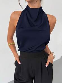 Firerie 新款简约优雅日常通勤复古现代不对称领无袖挂脖露背蝴蝶结装饰修身黑色通勤衬衫，春夏 - 藏蓝色 - 查看 3