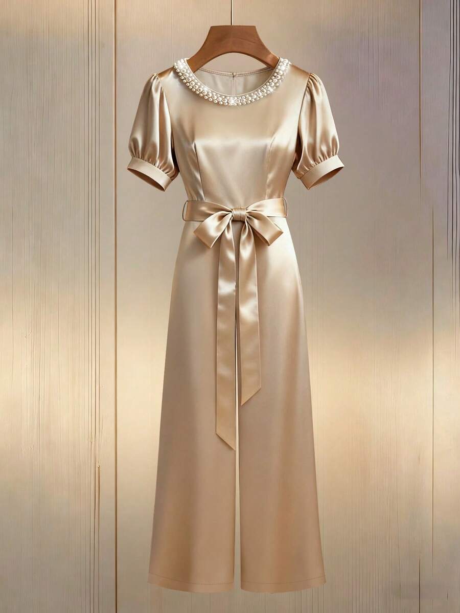 Franclia 优雅通勤圆领珍珠串珠腰带醋酸缎面修身腰部休闲商务女士连体裤 - 杏色 - 查看 1