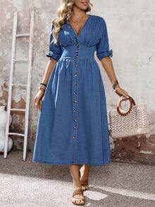 EMERY ROSE Women's Fashion Casual Shirred Waist Cinched Long Denim Dress - Blue - View 4