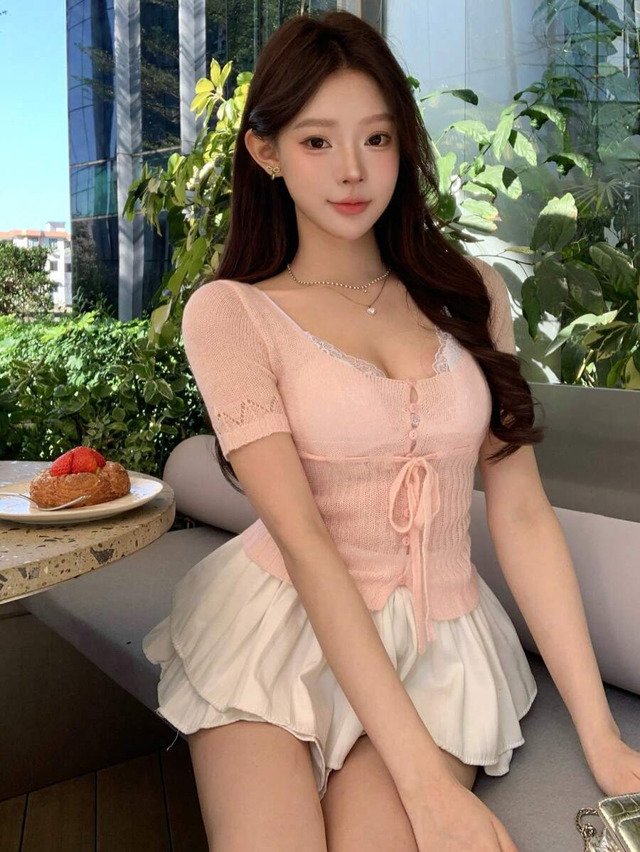 DAZY Women's Casual Knotted Crew Neck Fitted Short Sleeve Knit Top, Summer - Pink - View 1