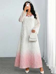 Yasmyna Women's Elegant Arabic Style Chiffon Dress With Textured Gradient Patchwork, Long Sleeve, Stand Collar, A-Line Silhouette, Spring/Summer