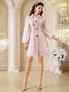Modelyn Women's Elegant Party Cocktail Mini Dress With Lantern Sleeves And Metal Decor, Suitable For Spring, Summer, Autumn - Pink - View 3