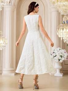 Modelyn Women's Elegant Party Banquet Jacquard Faux Pearl Decor Sleeveless Waist Fitted Dress - Apricot - View 5