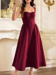 SHEIN Tall Váy dạ hội thanh lịch cổ điển dành cho nữ có túi, váy dự tiệc trà thường ngày, lễ hội, tiệc tùng, kỳ nghỉ hè, váy dạ hội, váy dự tiệc sinh nhật, khách dự tiệc cưới - Đỏ - Xem 13