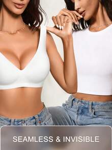 SHEIN 1 chiếc áo ngực nữ đơn giản, thoải mái, màu trơn, không đường may, chất liệu gel dẻo, không gọng, có đệm mút, có thể tháo rời. - trắng - Xem 3