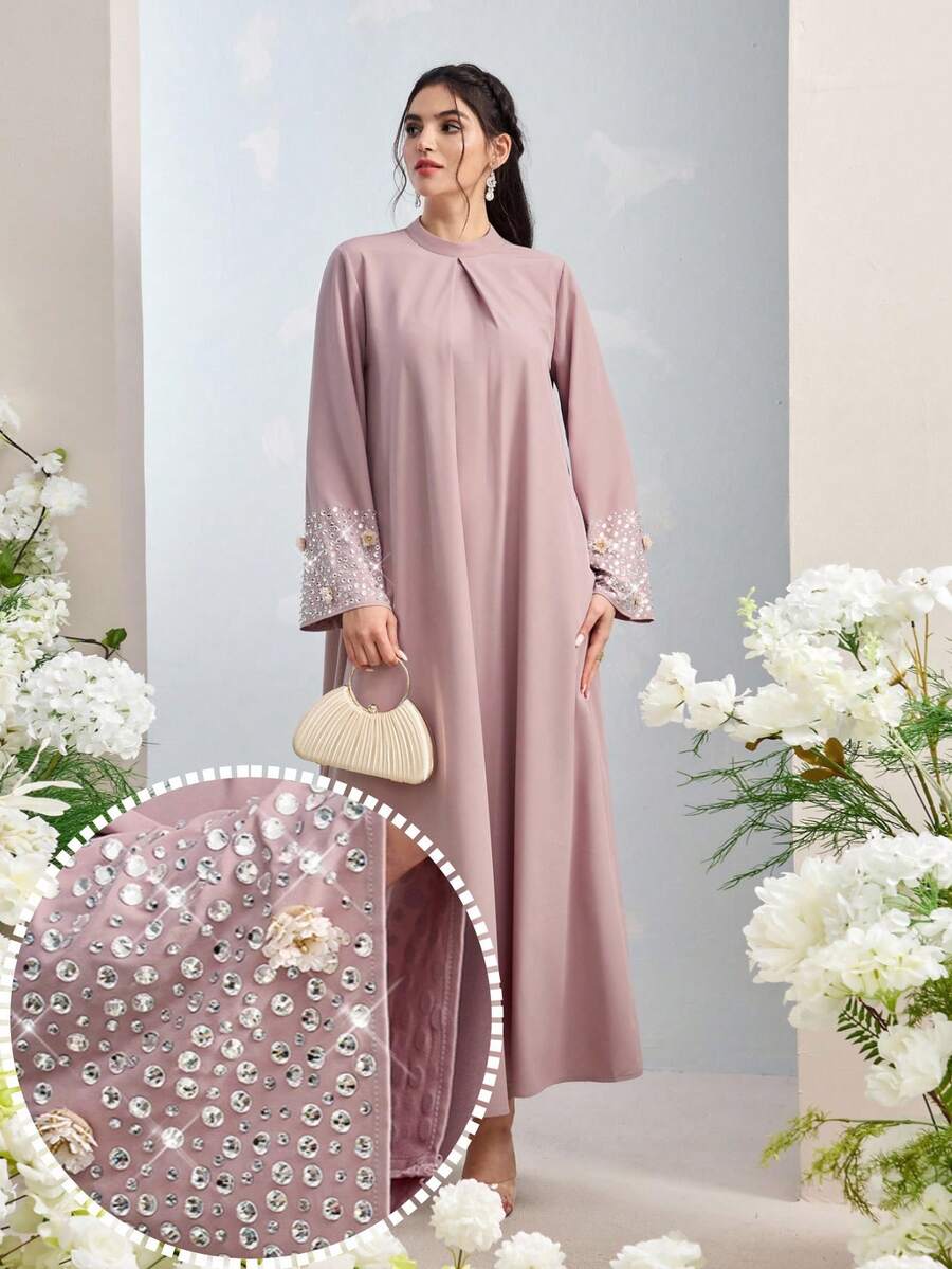 Al Najma 女士立领插肩喇叭袖宽松土耳其长款连衣裙，阿拉伯传统风格 - 粉色 - 查看 1