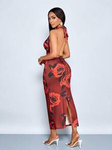 SOLERSUN Women's Elegant And Sexy Rose Halter Neck Vest And Skirt Two Pieces Set, Suitable For Dating, Valentine's Day - Red - View 2