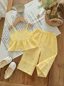 女宝宝可爱度假休闲条纹蝴蝶结装饰吊带背心和松紧腰裤套装 - 黃色 - 查看 8