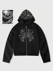 ROMWE MEN Street Life Men's Rhinestone Spider Embellished Streetwear Style Hoodie Sweatshirt, Autumn/Winter - Black - View 6