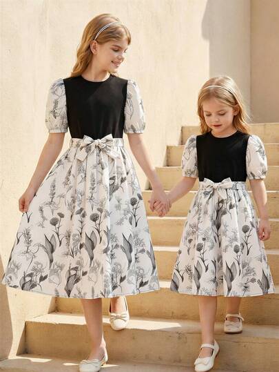 少女碎花针织上衣和半身裙套装，中长款，适合8-12岁女孩，春夏款