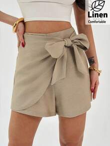 Firerie 女士简约优雅日常通勤休闲居家办公套装，中腰米色亚麻质感裹身裙短裤，教师装，百搭休闲，度假，波西米亚风 - 杏色 - 查看 5