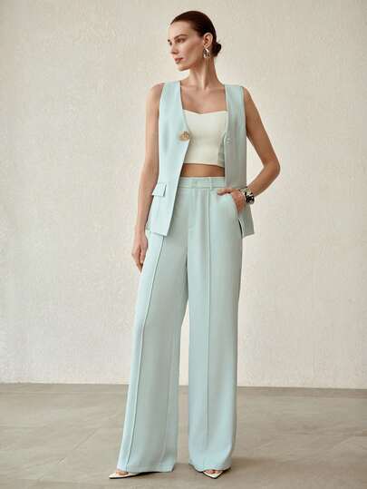 MOTF PREMIUM Conjunto de dos piezas: chaleco sin mangas y pantalones con costuras frontales para mujer