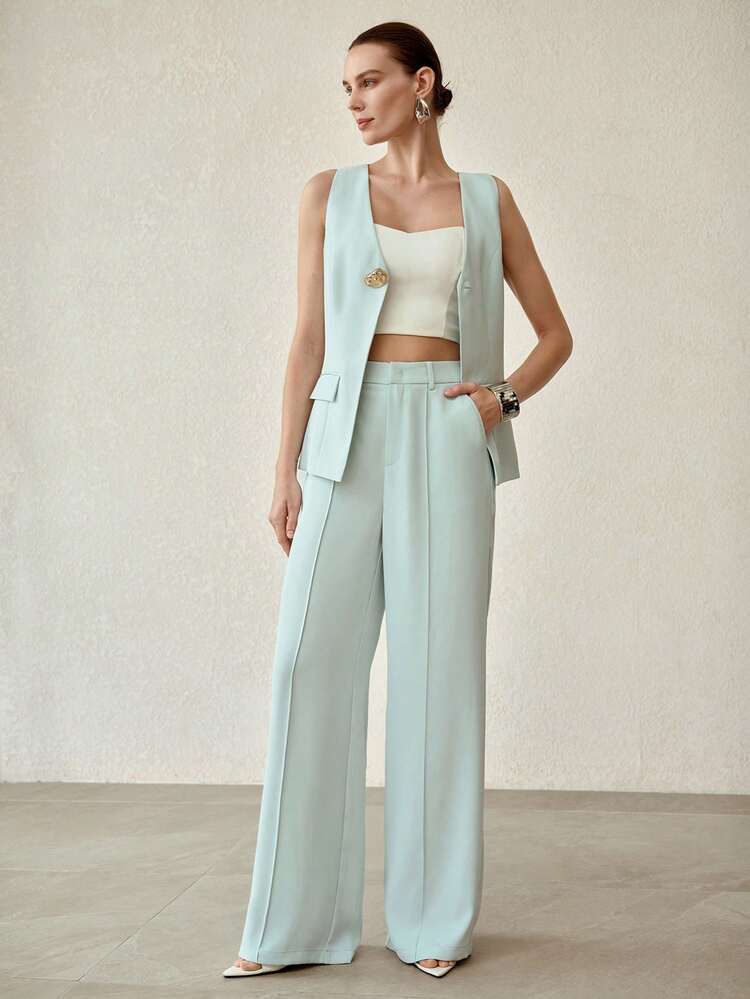 WOMEN'S SLEEVELESS SUIT VEST & SEAM FRONT PANTS OUTERWEAR, TWO PIECES SET