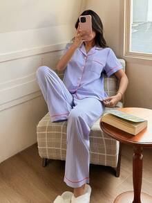 SHEIN Napfluff 清新条纹撞色翻领短袖裤装女士睡衣套装 - 紫色 - 查看 4