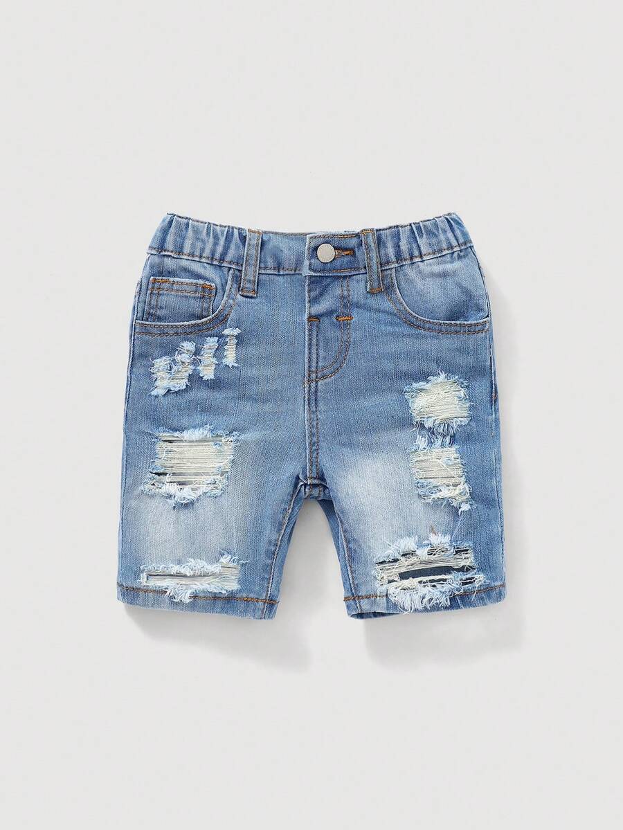 Young BoyBlue Denim Ripped Elastic Skinny Shorts - Light Wash - View 1