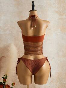 Mistrie Set Baju Renang Tankini Wanita Musim Panas untuk Liburan di Pantai, Warna Polos, Model Halter dengan Tali Jala, dan Modis. - Coklat - View 2