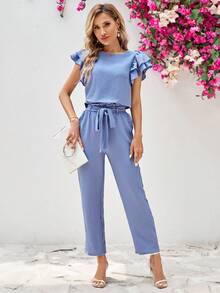 SHEIN Clasi Women's Round Neck Short Sleeve Shirt With Ruffle Trim And Detachable Belted Pants, 2pcs/Set - Blue - View 4