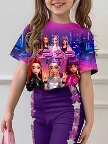 SHEIN 2pcs/Set Young Girl Casual Cartoon Pattern Round Neck Short Sleeve Top And Flare Pants Set, Suitable For Summer