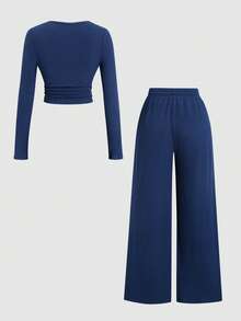 Sweetra Women Navy Blue 2-Piece Set,Fall Winter Casual Lounge Plush Ribbed Fabric,Open Front Design,Waist Ruched Adjustable Drawstring Textured Set - Navy Blue - View 2