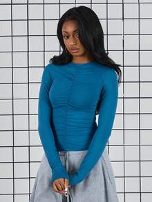 COUREZ 长袖修身褶皱上衣 / Y2K 春季女装 可爱蓝色外出上衣 返校季穿搭 夏季上衣 夏季穿搭 - 藏蓝色 - 查看 4