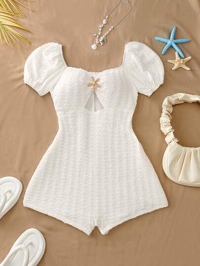 GlowEve White Beach Bubble Short Sleeve Holiday Removable Metal Buckle Decor White Elegant Casual Vacation Travel Jumpsuit For Women