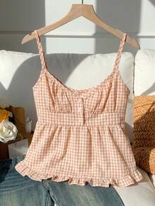 SHEIN EZwear 女士宽松休闲橙色格子荷叶边吊带背心，春夏款 - 橘色 - 查看 3